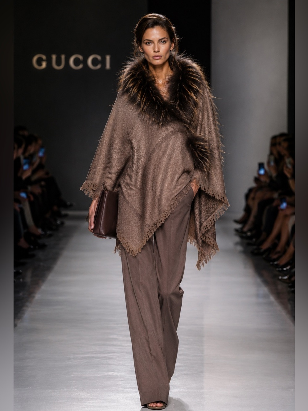 Gucci GG Monogram Silk & Wool Shawl with Dyed Finnish Silver Fox Fur Trim